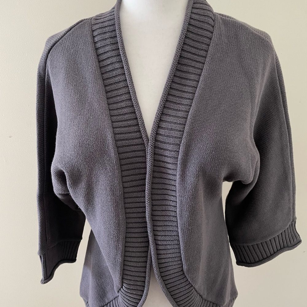 Pria 100% cotton medium open front shawl style short cardigan w/rolled hem.